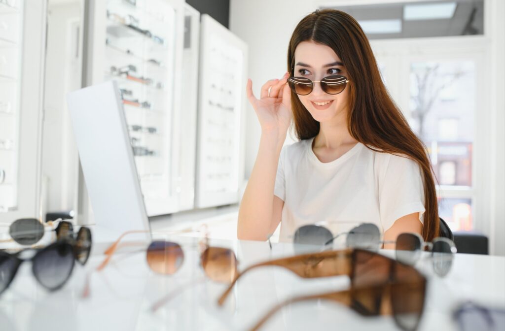 A patient trying on a selection of polarized sunglasses