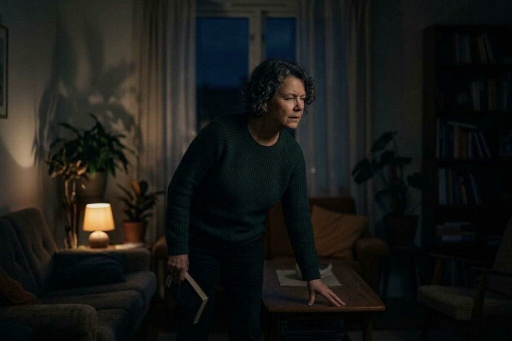 A person struggling to see in a dimly light room.