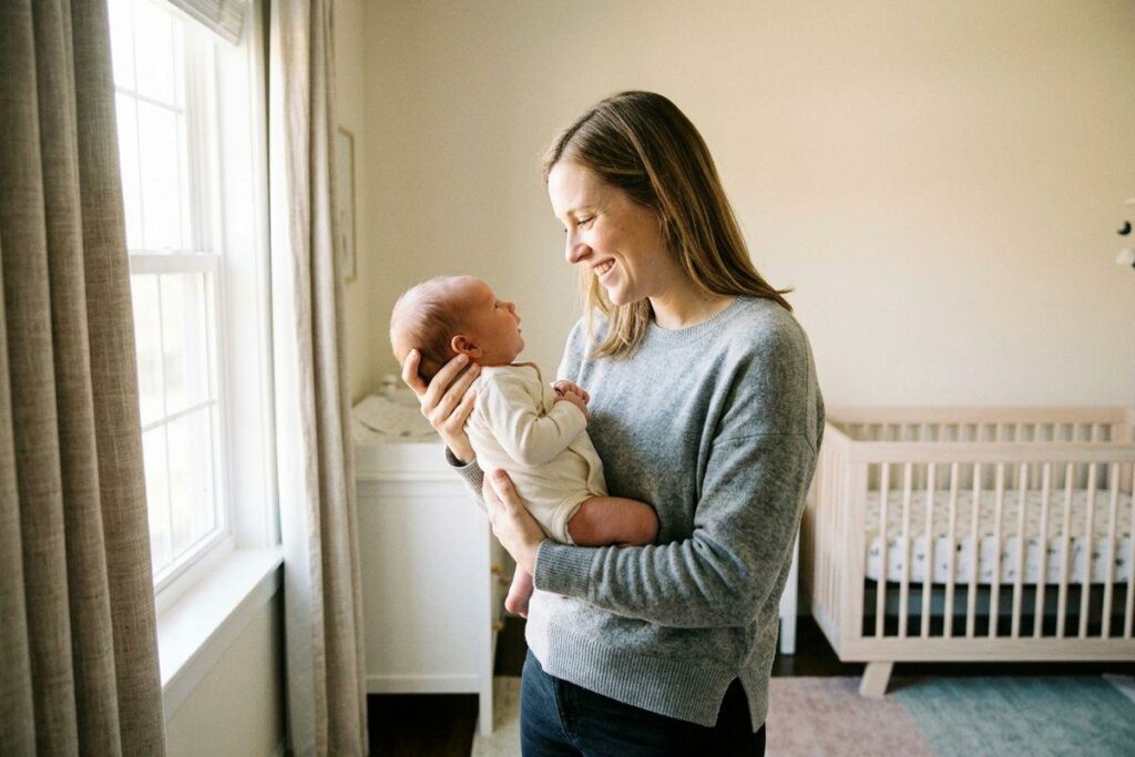A smiling adult standing in a nursery, holding a baby. They are looking at each other. A crib and window are in the background.
