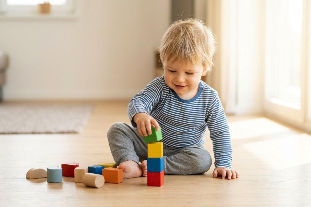 A smiling child sits on a wooden floor, focused on stacking a green block onto a small tower of colorful wooden blocks.
