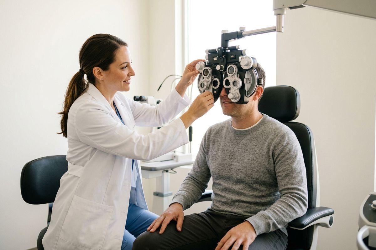 A smiling optometrist adjusts a phoropter in front of a seated adult patient's eyes during an eye exam in a clinic.