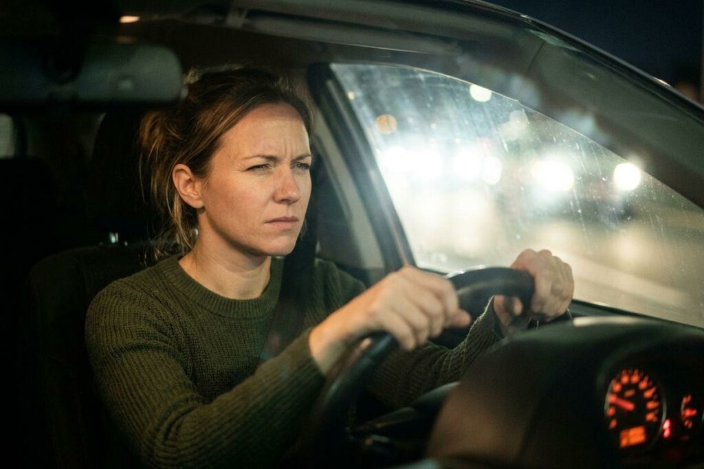 An adult driving a car at night with a focused expression, hands on the steering wheel as bright lights glare through the windshield.