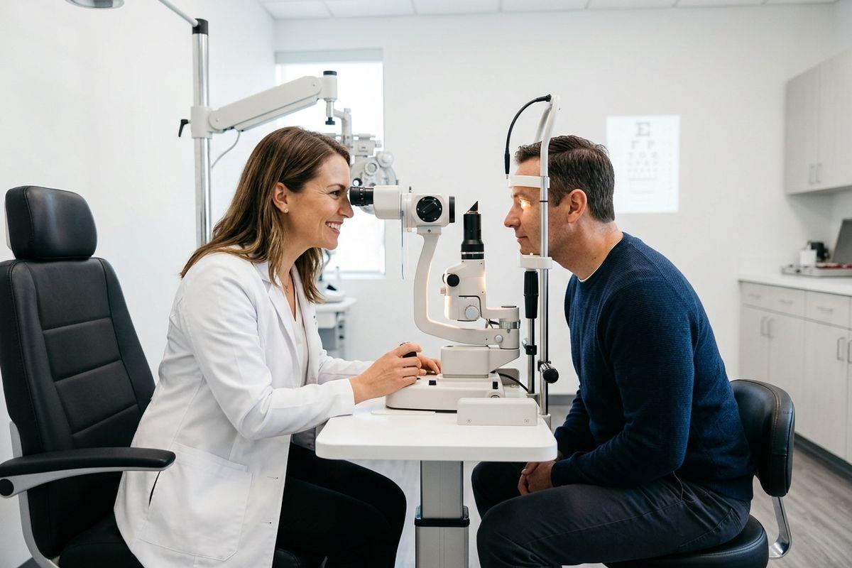 A smiling optometrist examines an adult patient's eye using a slit lamp in an exam room.