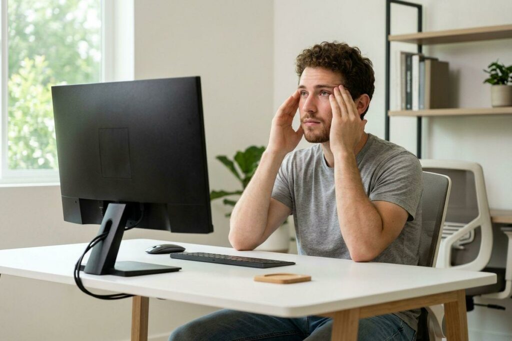 An adult sits at a desk rubbing their temples with both hands, looking away from a computer monitor in an office.