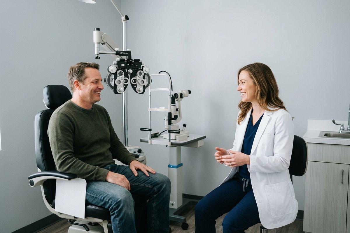 A smiling optometrist and adult patient sit facing each other in an eye exam room, talking near optical equipment.